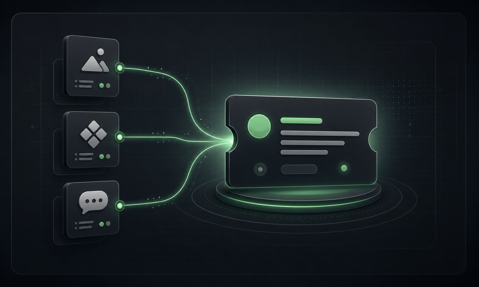 Three source panels feeding signals into a central issue ticket
