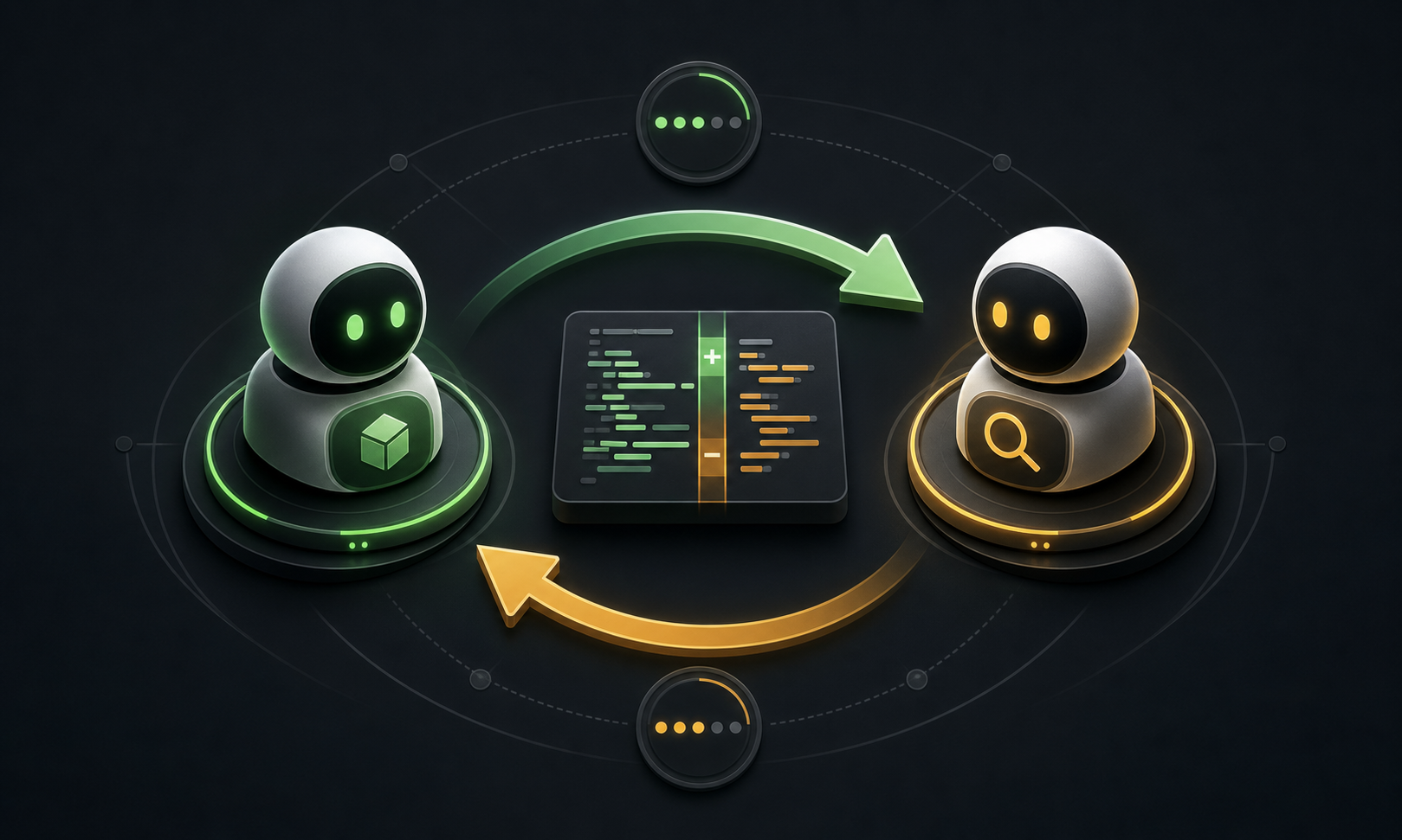 Two agent nodes exchanging a code patch through circular review arrows