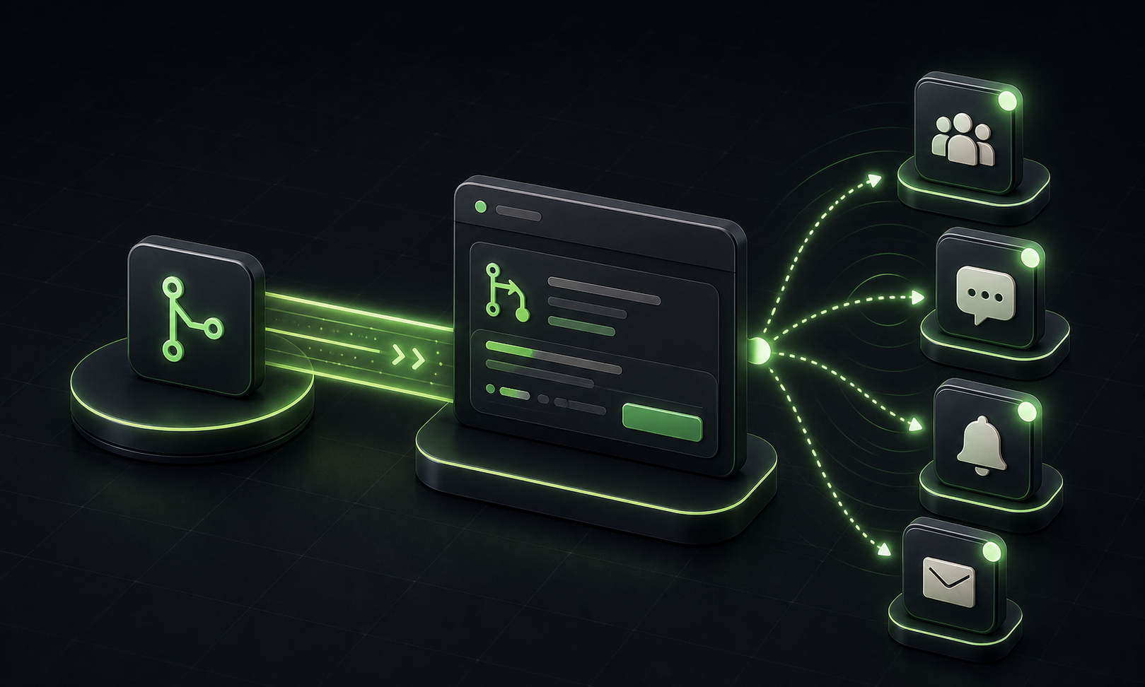 A branch artifact moving into a pull request panel with notification pulses